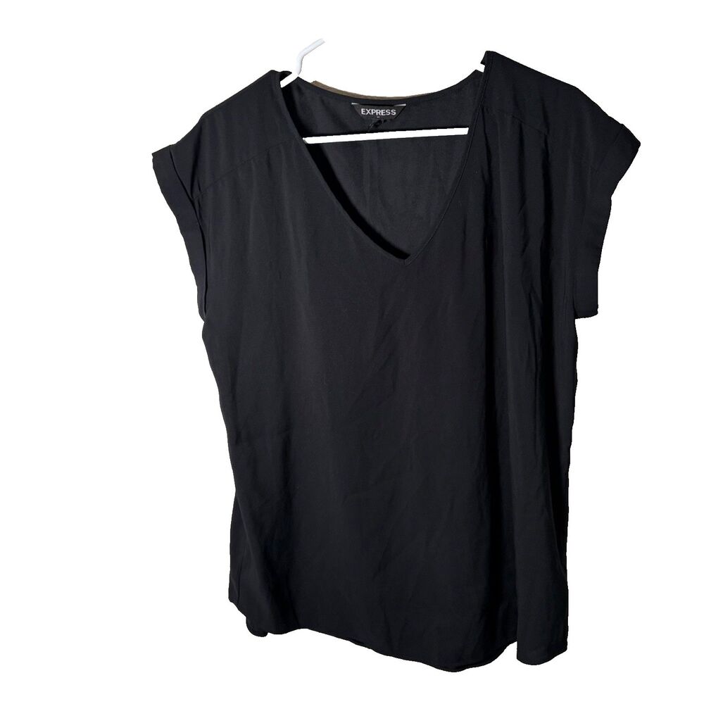 Express Blouse Women's Large Black V-Neck Short Sleeve Lightweight Shirt Top